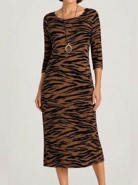 NWT Chicos Tan and Black Zebra-Print Stretch Midi Dress Runs Big Fits S/M